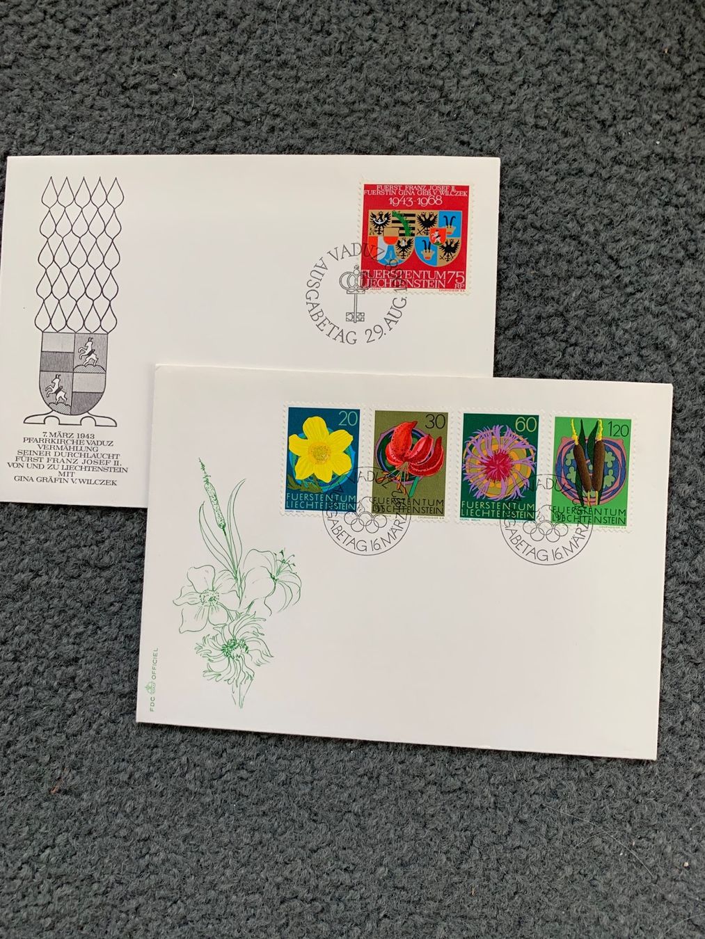 Alle Briefmarken: 2 Ersttagbriefe Liechtenstein 1968/72 – Neu und originalverpackt aus Wettingen von Ecaramel