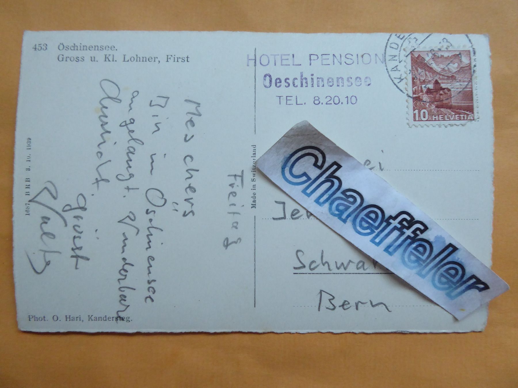Ansichtskarten: 453 Öschinensee.  Gross u. Kl. Lohner, – Gebraucht aus Zürich von Chaeffeler 1