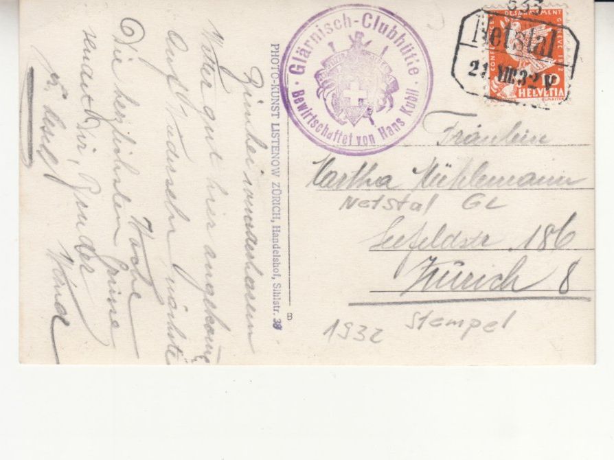 Cartoline postali: Glärnisch Gletscher 1932 mit Bahnstempel Netstal – Usato da Bürglen TG venduto da StampGraf 1