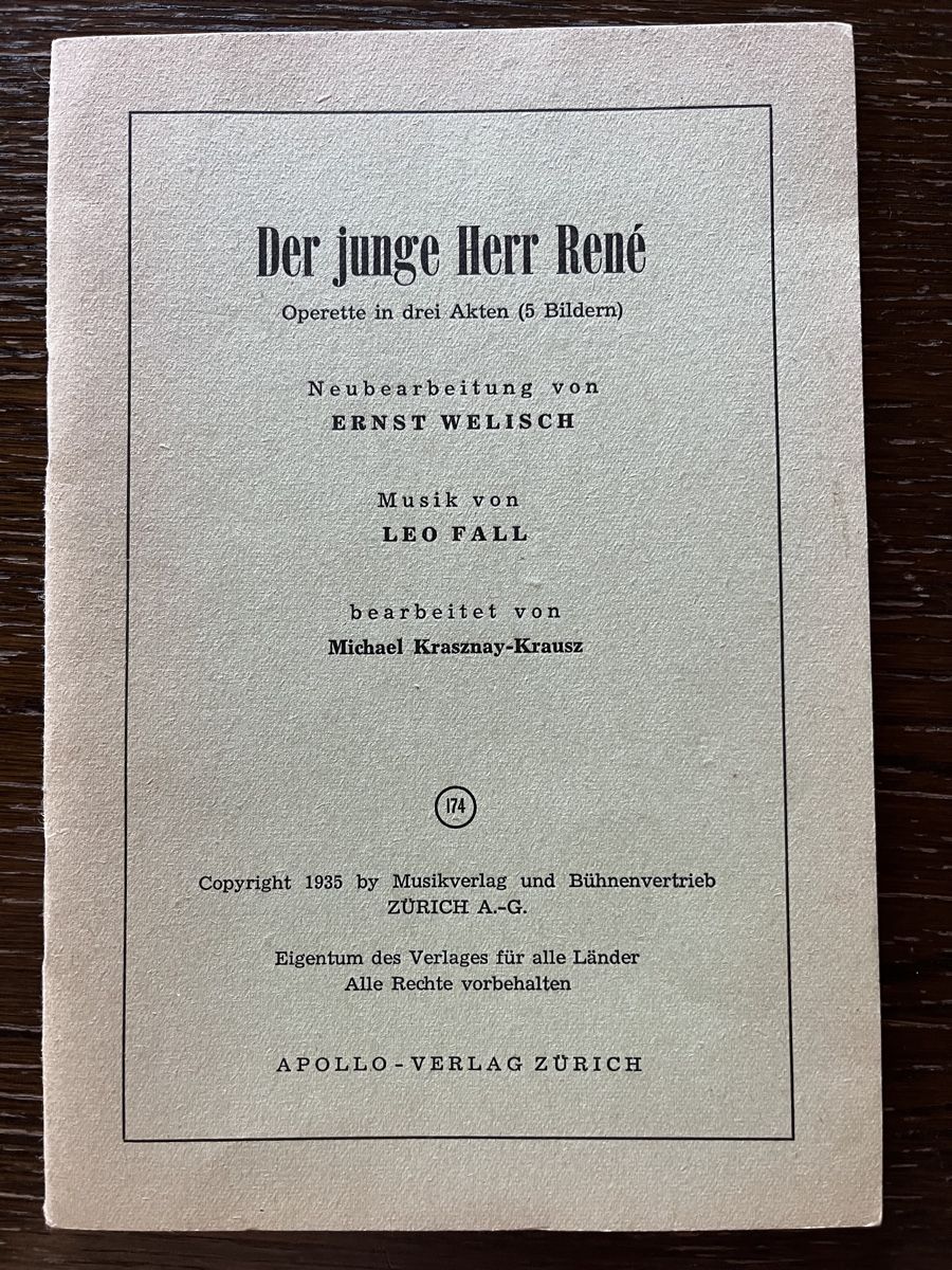 Libri: Operetten-Libretto "Der junge Herr René" 1935 – Usato da Winterthur venduto da Mmagu