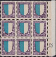 1922, J23 (PJ WAPPEN LUZERN) 9er-Block postf. **. Kat: 50.-