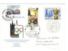 Olympia Lausanne Stempel OLYMPHILEX 85 UNGARN ITALIEN