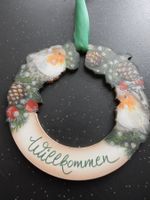 Willkommen Holz-Türkranz Rotkehlchen Winterdeko Handarbeit