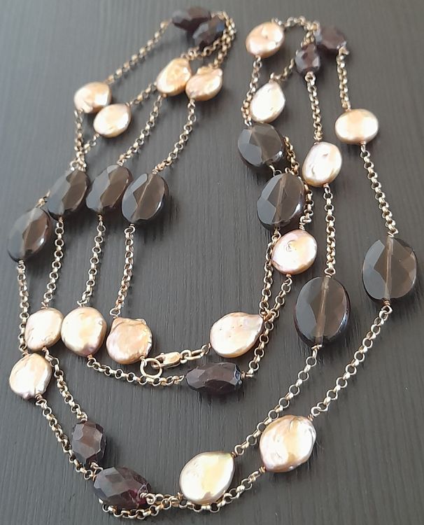 Collier En Argent Massif Avec Perles De Culture Vertes Et Quartz Fumé - Neuf Sans Emballage