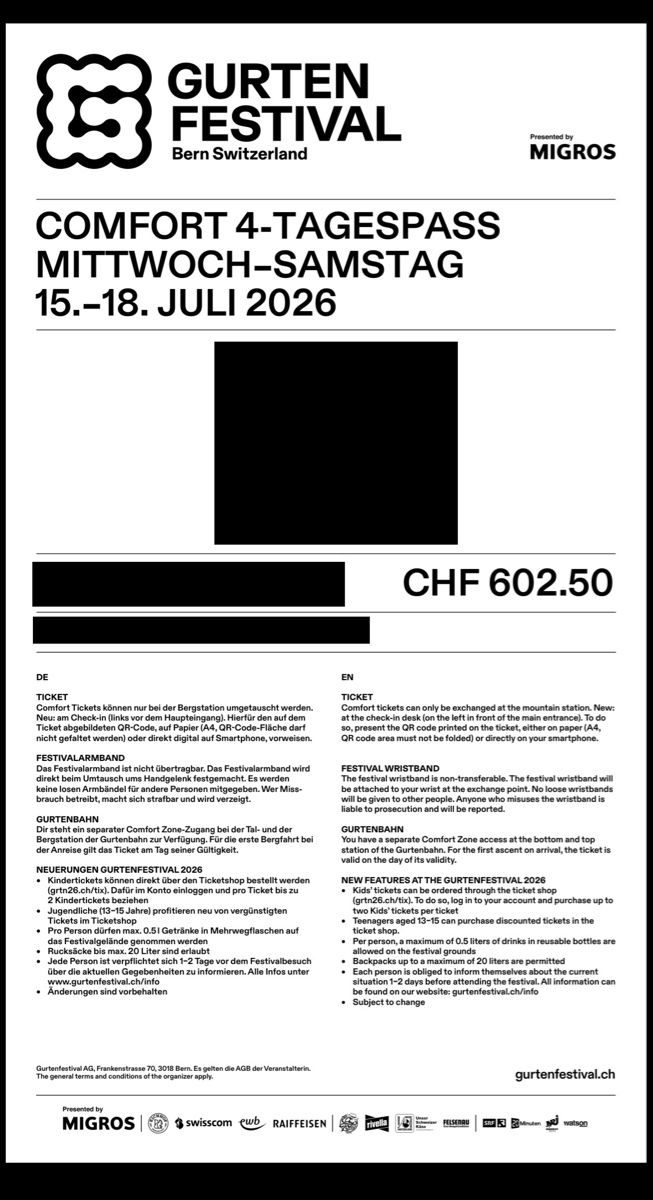 Biglietti: Gurtenfestival Ticket Comfort 4-Tagespass – Nuovo e nell'imballaggio originale da Bern venduto da nuria.hess 1