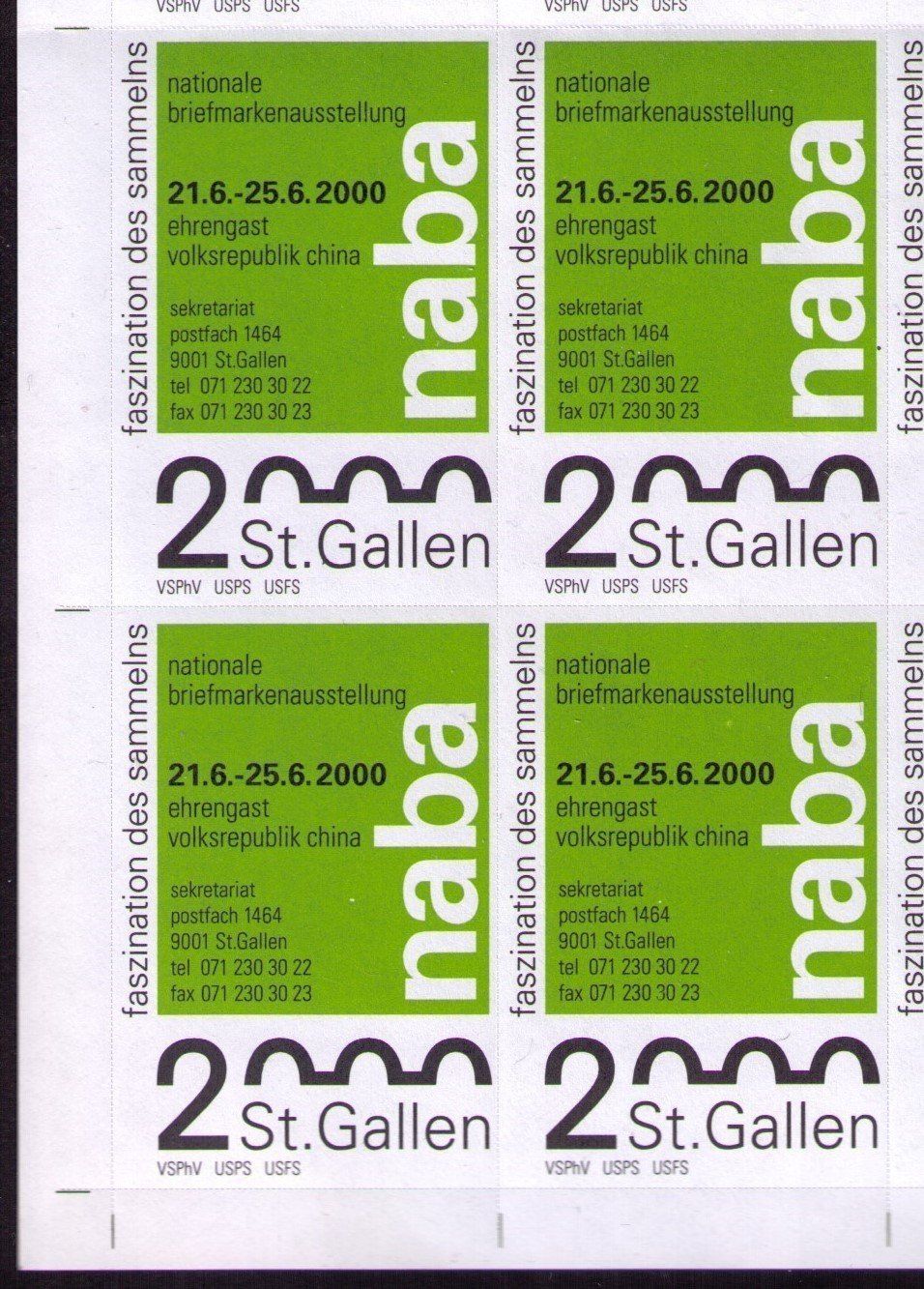 Tutti i francobolli: 2000_NABA ST. GALLEN__VIGNETTE GRÜN__3/4 Bogen ** – Nuovo (secondo la descrizione) da Marthalen venduto da Ch_quality 1