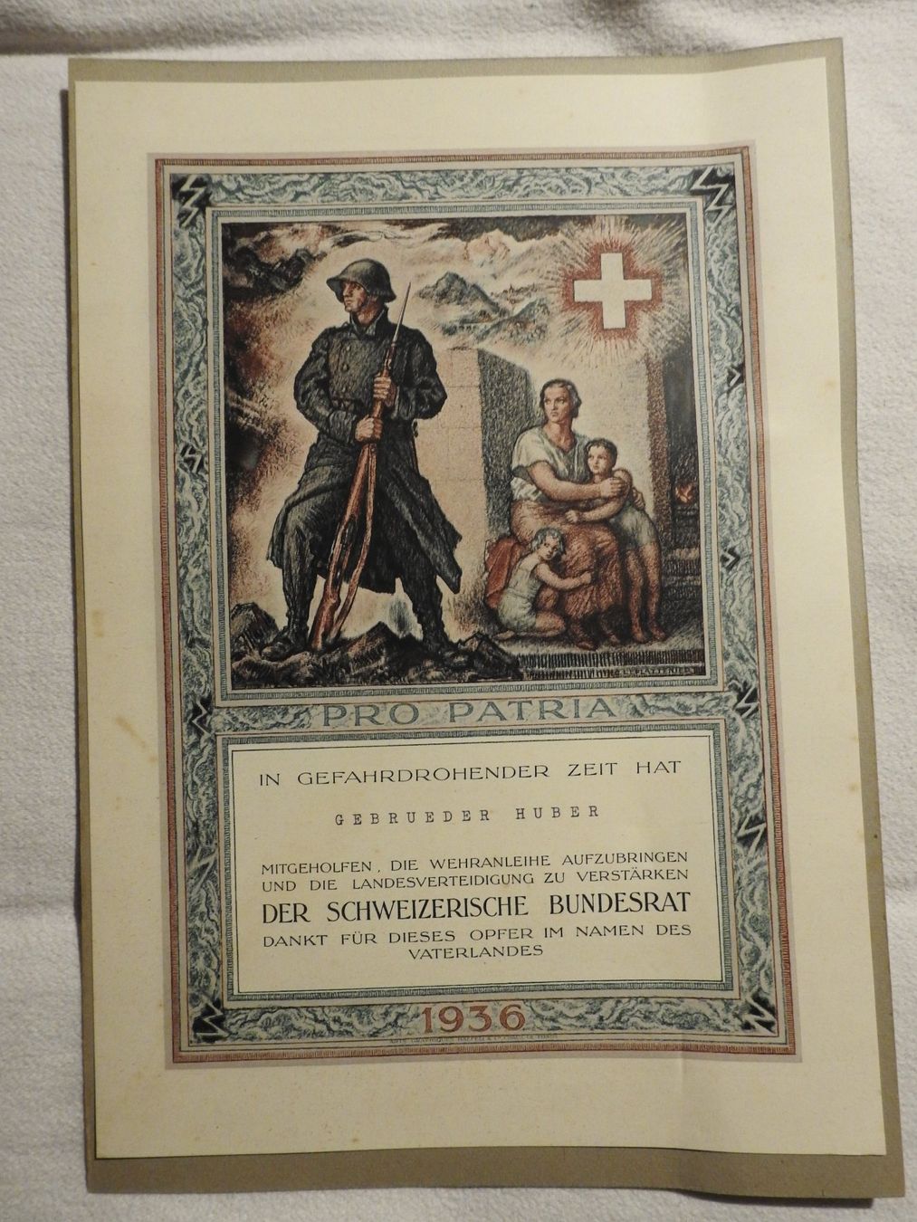 Documenti: Pro Patria Schweizer Bundesrat 1936 Dankes-Urkunde – Usato da Uznach venduto da killroy99 1