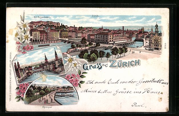 Cartoline postali: Litho Zürich, Alpenquai, Eid. Polytechn – Usato da Berlin venduto da bartko-reher