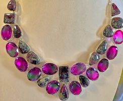Edles Collier mit pinken & grauen Edelsteinen, 925 Silber...