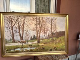 Magisches Wald mit  See und    Bauern in Herbst Oel  E.Voigt