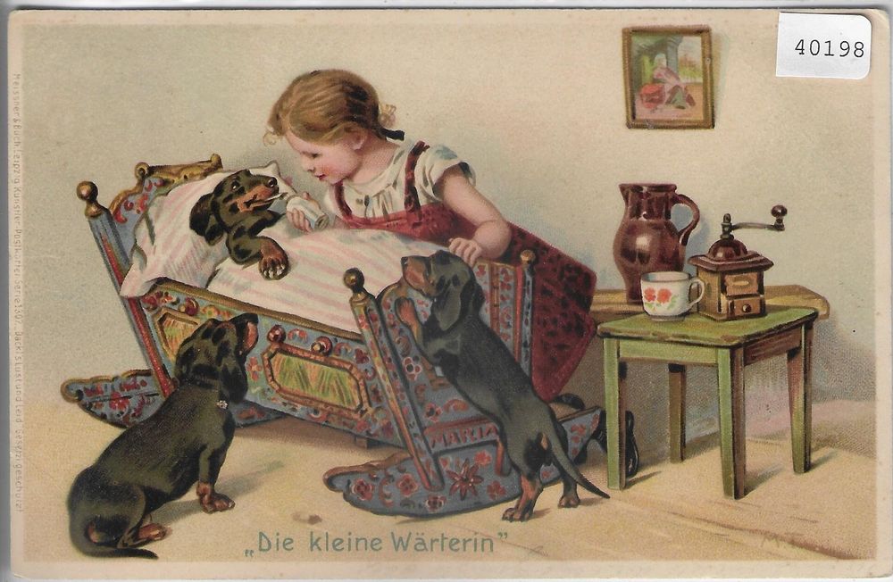 "Die kleine Wärterin" mit der Dackelfamilie Litho Kaufen auf Ricardo