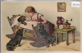 "Die kleine Wärterin" mit der Dackelfamilie - Litho