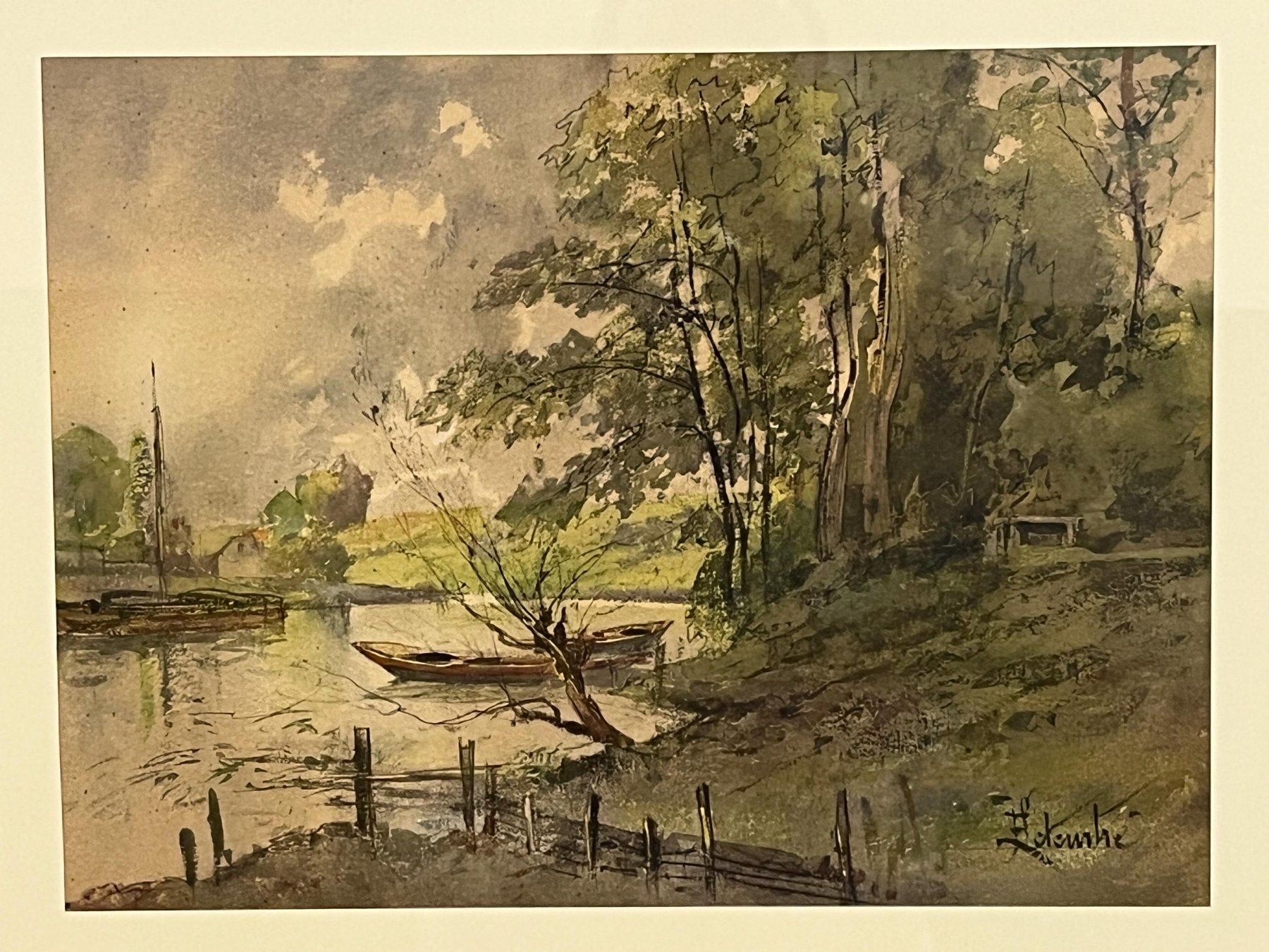 Dipinti: gerahmtes Gemälde, das eine Flusslandschaft mit Booten un – Usato da Basel venduto da Kaffee_und_Kunst 3