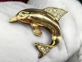 Goldfarbene Vintage-Delphin-Brosche mit Strass