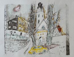 Alois Carigiet, Somvix, Kirchplatz, 1974, Kunstdruck, Monogr