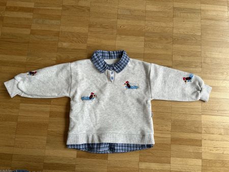 Kinder Pullover grau mit Dackel Stickerei karierter Kragen