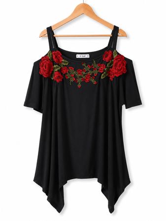 Schwarzes Damenshirt mit Rosenapplikationen Grösse 2X (48)