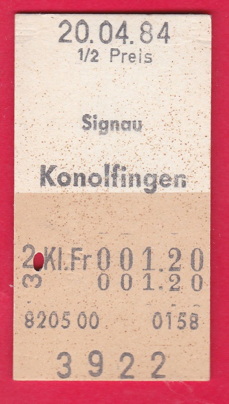 Biglietti: KARTON BILLETT, SIGNAU - KONOLFINGEN, 2.KLASSE,EINFACH,HALBT – Usato da Oberrieden venduto da Gebirgsstelze