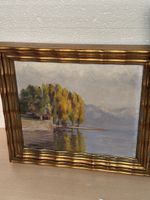 Huile sur toile signée, paysage lac arbres