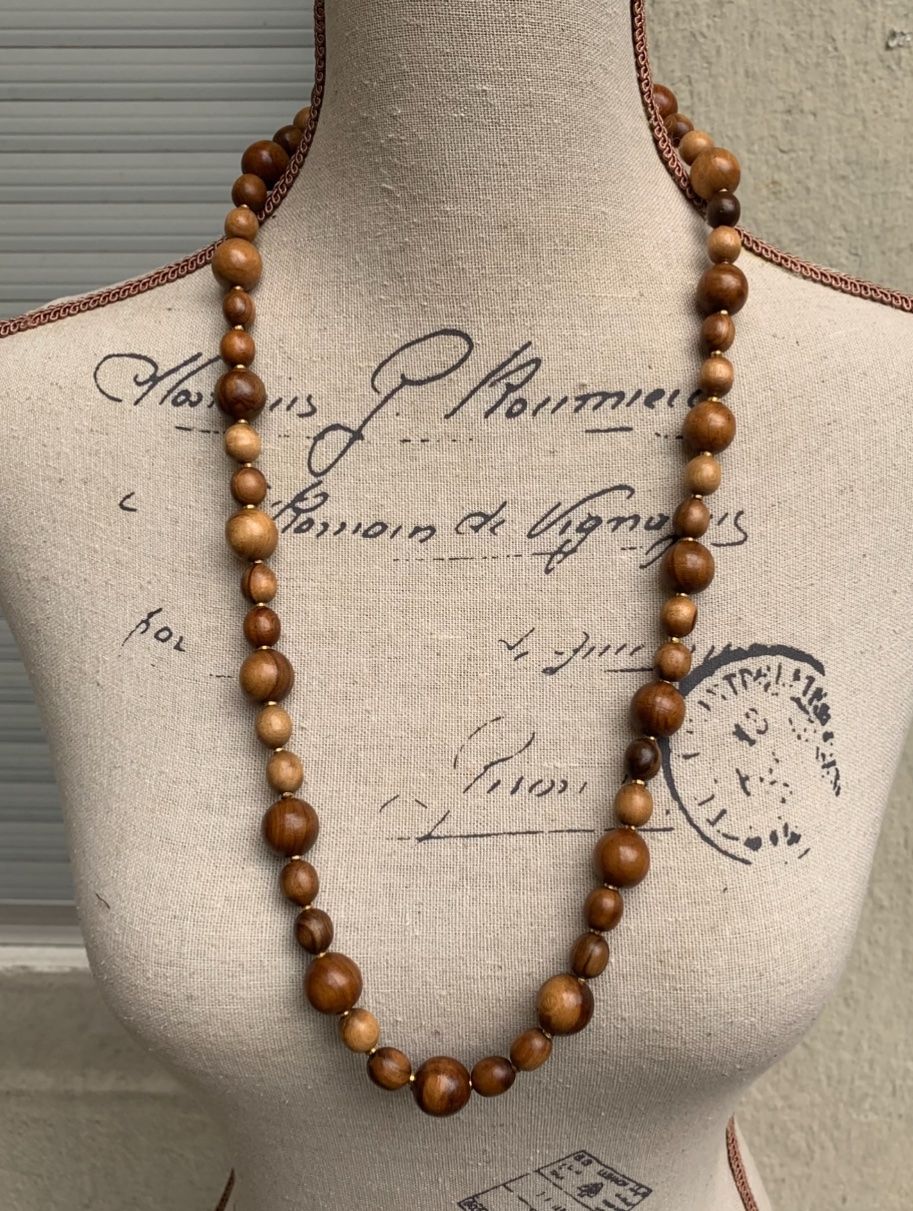 Ketten: Superbe collier en PERLES DE BOIS boules dorées intercalées – Neu (gemäss Beschreibung) aus Martigny von only__you