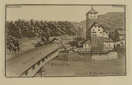 EGLISAU, RHEINBRÜCKE, SCHLOSS, RHEINHALDE, AQUATINTA 1883