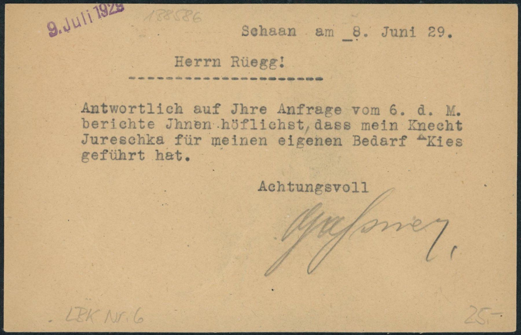 Tutti i francobolli: FL - Ganzsache - 1925 - Postkarte - Schaan – Usato da Schindellegi venduto da leecollect 1