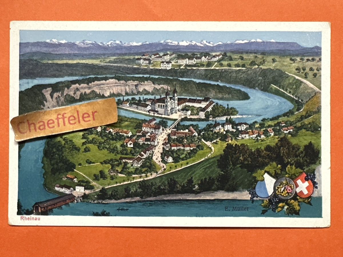 Cartoline postali: Alte Ansichtskarte Rheinau mit Kloster und Wappen – Usato da Zürich venduto da Chaeffeler