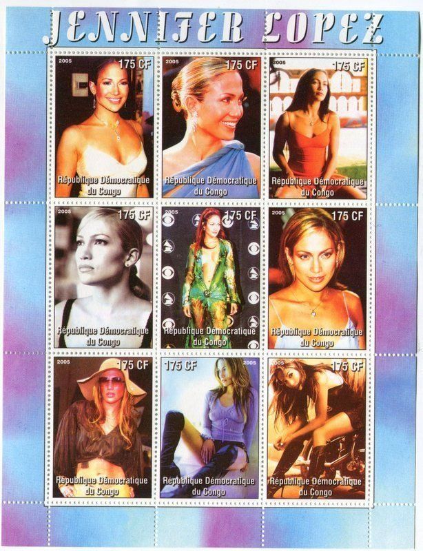 Tutti i francobolli: Block "Jennifer Lopez". Kongo – Nuovo e nell'imballaggio originale da Basel venduto da Butsch5