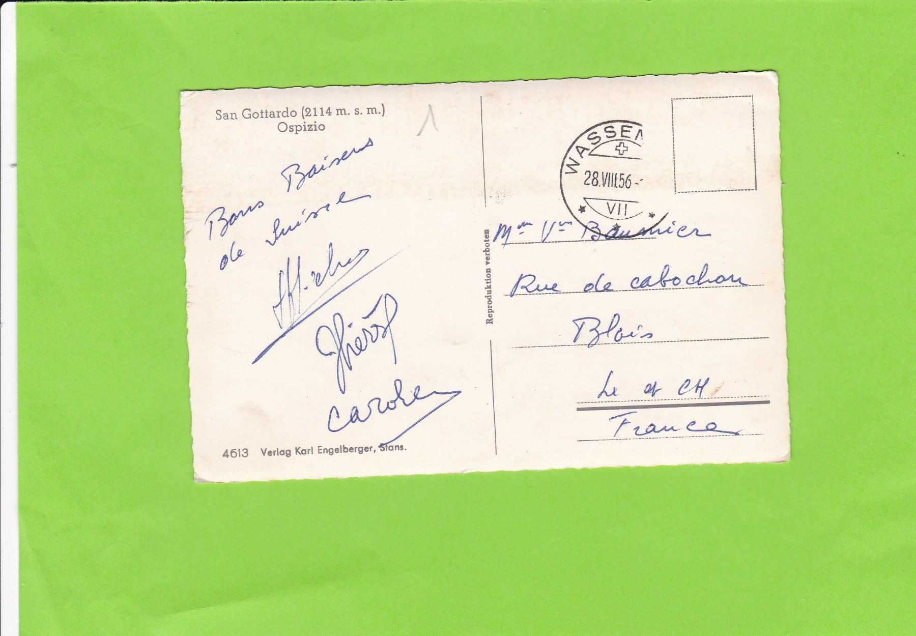 Cartoline postali: San Gottardo, Ospizio--Oldtimer--1956 – Usato da St. Peterzell venduto da neckertal 1