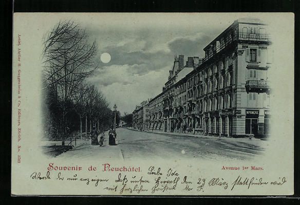 Cartoline postali: Mondschein-AK Neuchatel, Avenue 1er Mars – Usato da Berlin venduto da bartko-reher