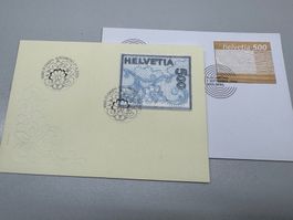 GestrickteBriefmarke+Briefmarke in Holz, Ausgabetagstempel