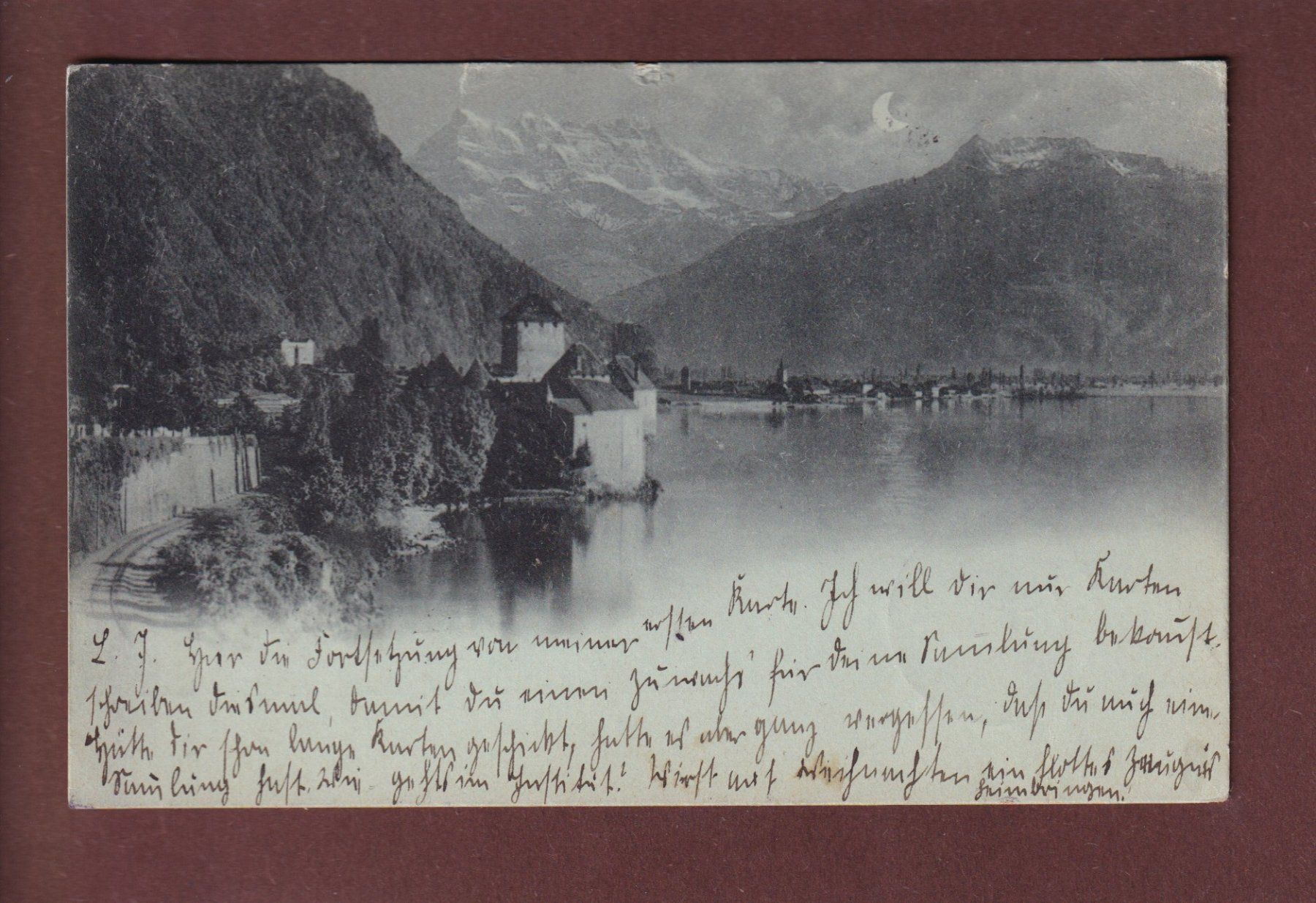 Cartoline postali: Château de CHILLON - Dents du Midi - Clair de lune - 1897 – Usato da Pully venduto da nicecards