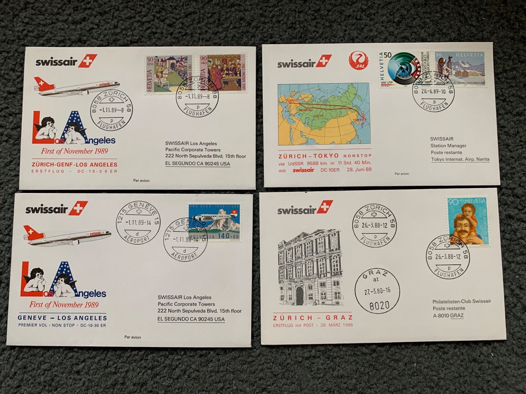 Tutti i francobolli: 4 Erstflugcouverts (Swissair) – Usato da Wettingen venduto da Ecaramel