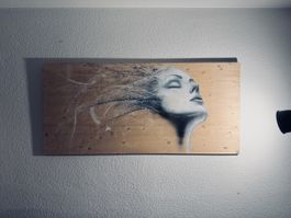 Kunstwerk auf Holzplatte handgemaltes Frauenporträt neu