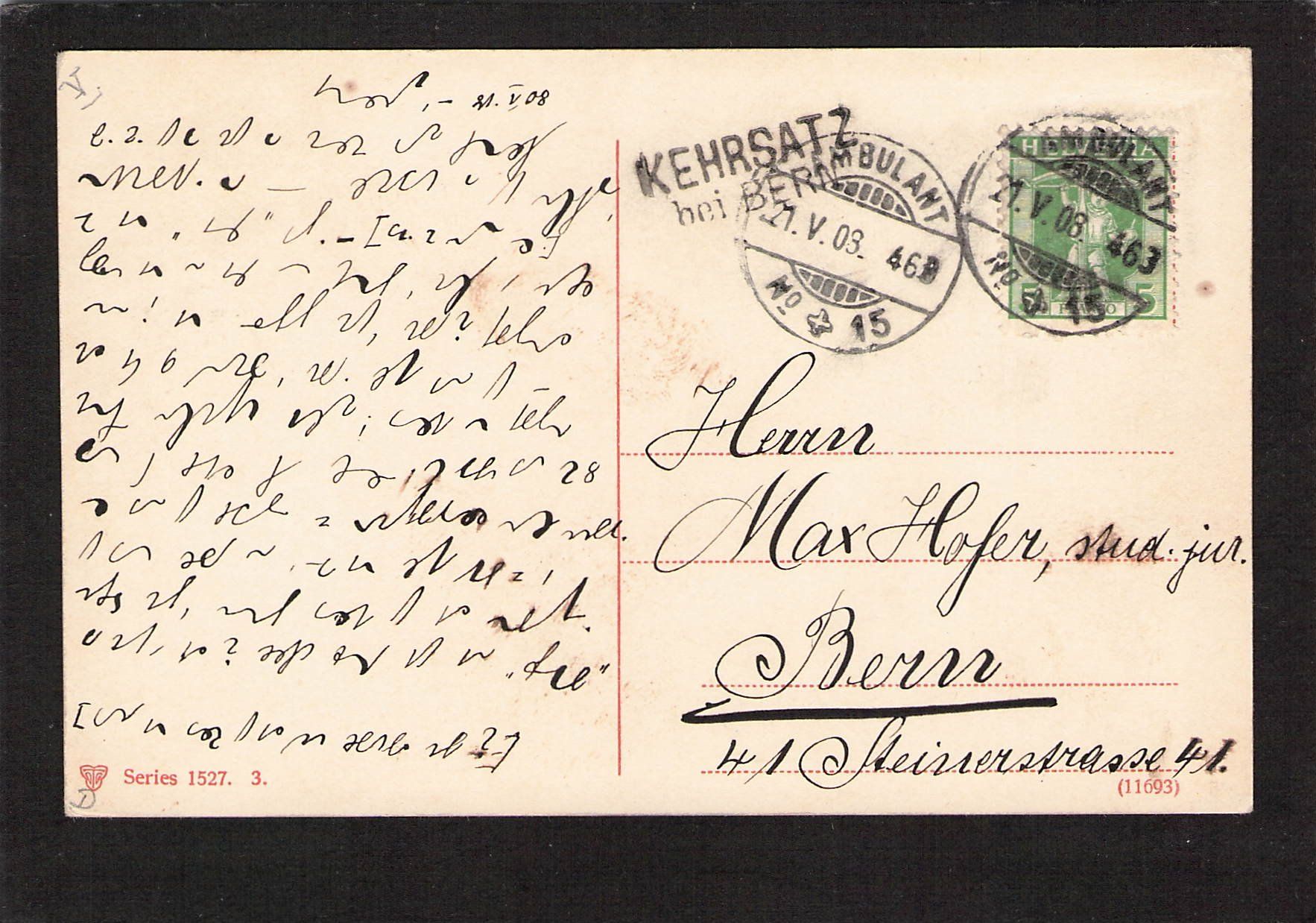 Tutti i francobolli: Stabstempel Kehrsatz bei Bern  auf AK , 21.V.1908 – Usato da Reichenburg venduto da Pipo-67