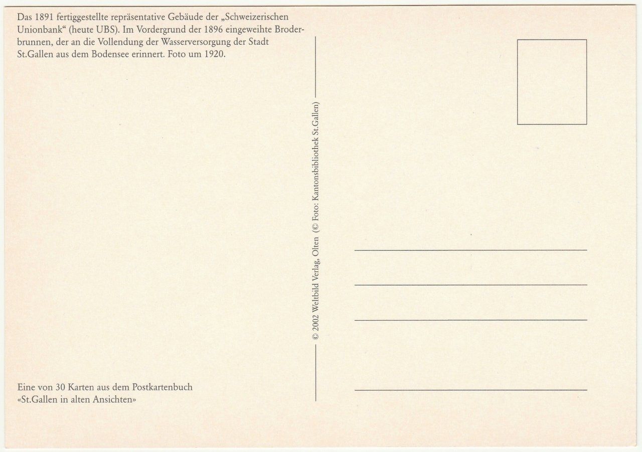 Cartoline postali: St. Gallen;  Schweizerische Unionbank um 1920 – Nuovo (secondo la descrizione) da Fällanden venduto da Blausegelfliege 1