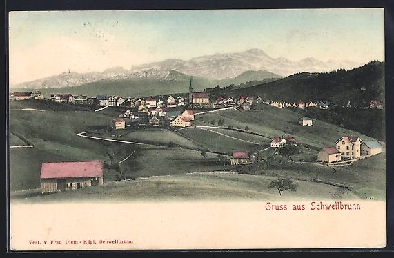 Cartoline postali: Schwellbrunn, Ortsansicht mit Berglandsc – Usato da Berlin venduto da bartko-reher