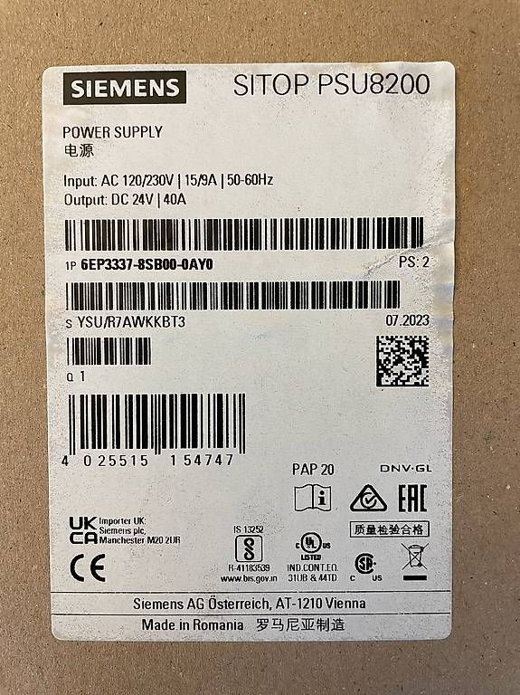 Componenti elettronici: Stromversorgung 230VAC/24VDC 40A SITOP 8200 – Usato da Brunnen venduto da Noldius 2