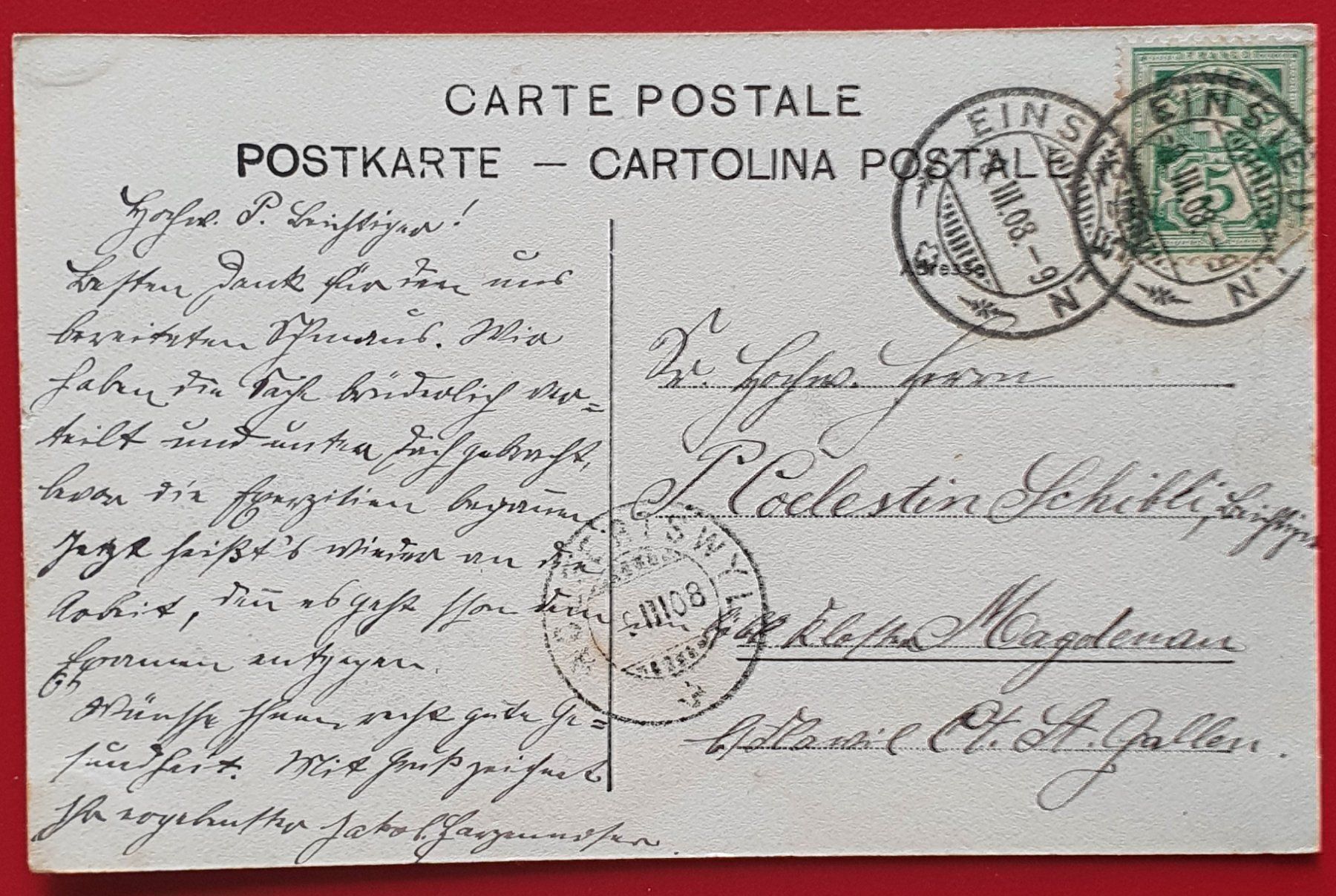 Cartoline postali: AK PPC EINSIEDELN KLOSTER KIRCHE MAGDENAU WOLFERTSWIL 1908 – Usato da Düdingen venduto da Quartierstrasse 1