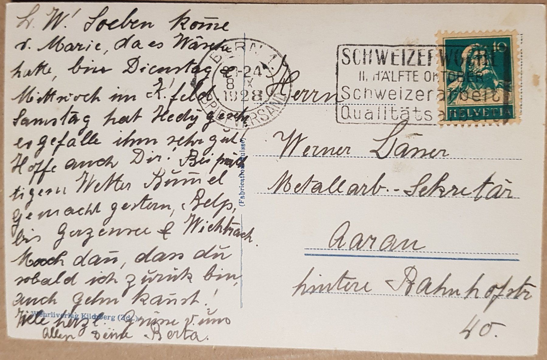 Cartoline postali: Bern - Thunplatz 1928 – Usato da Melchnau venduto da Fishel 1