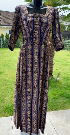 Abend Drindl Kleid Vintage Brokat blau/gold, Schürze Seide