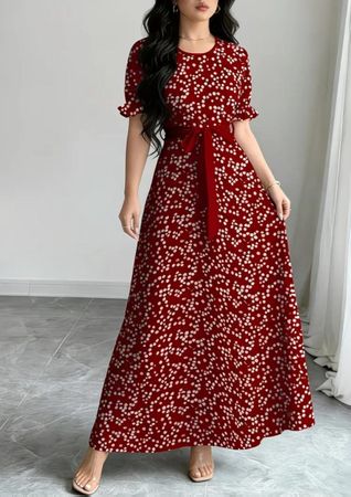 Women's Maxi Dress Red Floral Print Short Sleeve New