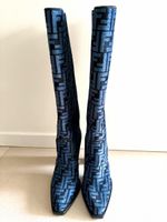 FENDI FF Jacquard Knee High Boots, size 37, blue/black