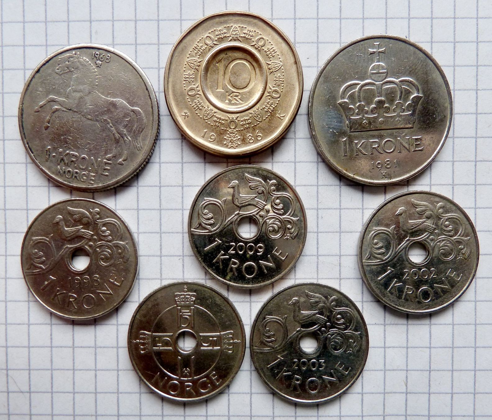 Alle Münzen: Norwegen 10, 1, Krone, 1968-2009 8tlg – Gebraucht aus Mesocco von Nugivendus