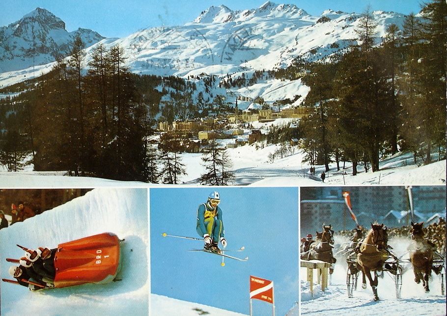 Cartoline postali: ST. MORITZ Bob BRD Skirennfahrer Pferde – Usato da Jona venduto da philajona