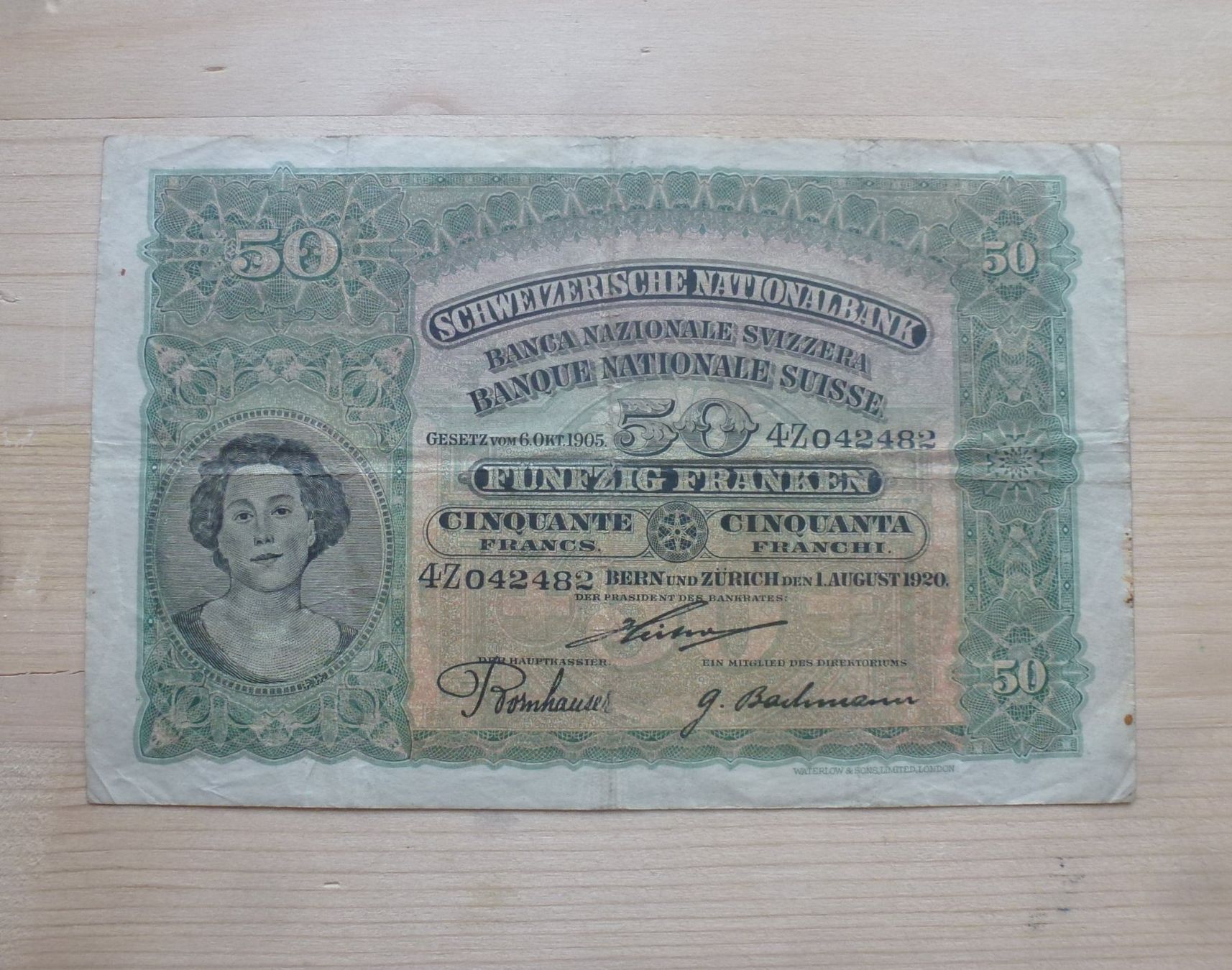 Banconote: Schweiz ++ 50 Franken 1. Aug. 1920 - Selten – Usato da Walkringen venduto da Casablanca777