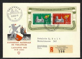 1955, W35, Block Lausanne auf illustr. R-Brief (14705)