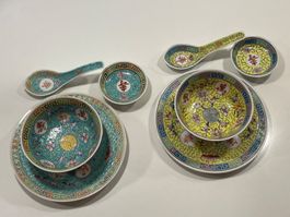 Vintage China Porzellan-Set "Mun Shou" - Türkis & Gelb