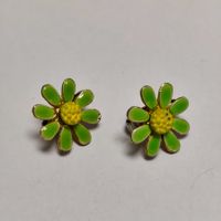 Retro Blumen Clips Ohrringe Grün Emaille 60s 70s #Z1