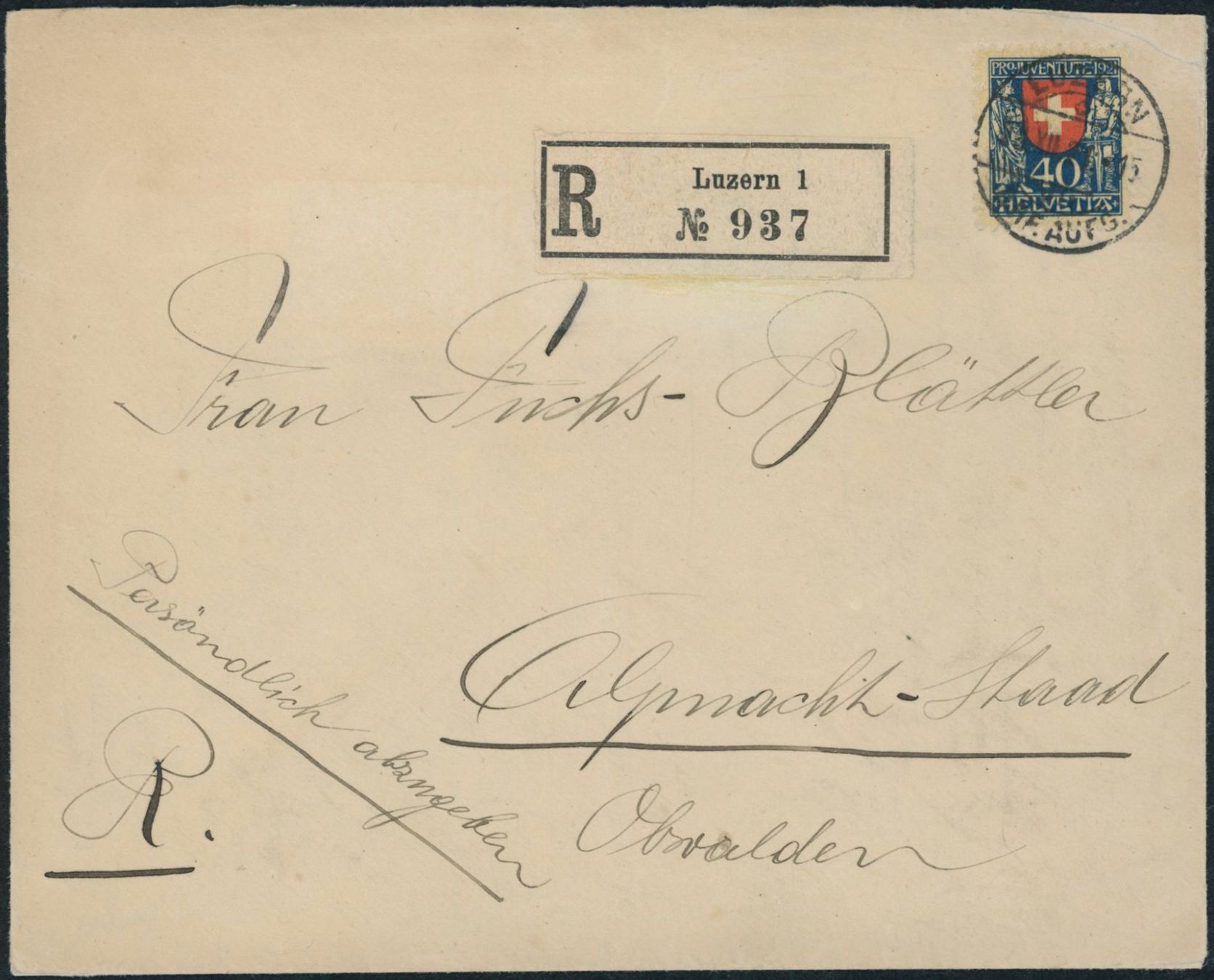 Tutti i francobolli: 1921 - Pro Juventute - Brief - EF – Usato da Schindellegi venduto da leecollect